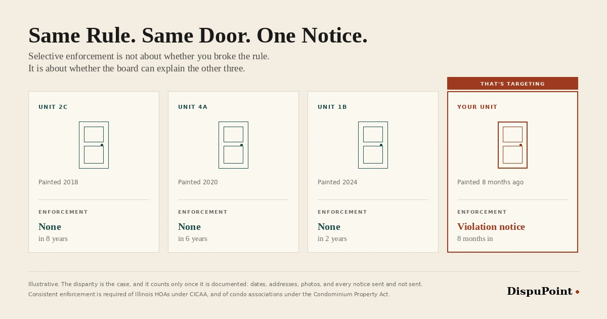 Four condo units with the same front door color. Three, painted in 2018, 2020, and 2024, received no enforcement action. The fourth, painted eight months ago, received a violation notice.